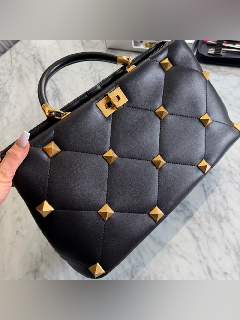 Valentino Garavani Black Roman gold Stud Tote Bag top handle with strap